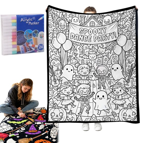 Halloween Coloring Blanket for Adults, New Cozy Doodle Blanket, DIY Bed Throws with 24 Markers for Halloween Home Decor Gift