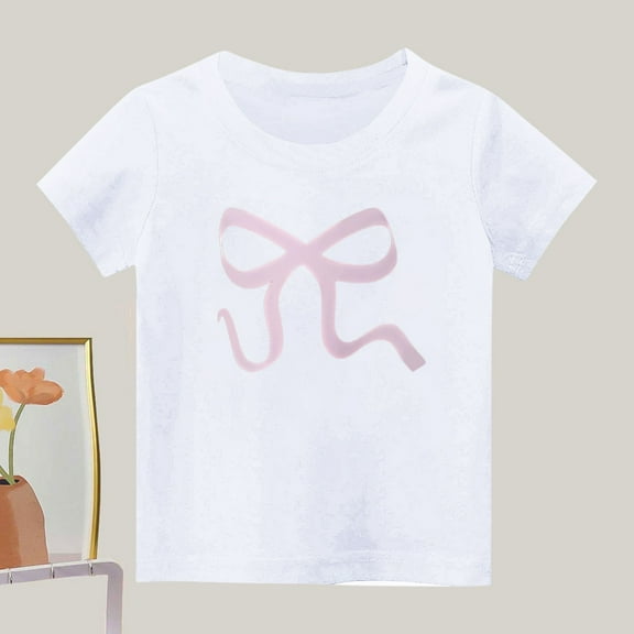 hengsof Girls Cute Bow Print Short Sleeve T-Shirt Childrens Casual Crew Neck Fashion Top Soft Cotton Everyday Shirt Suitable for 2-13 Years
