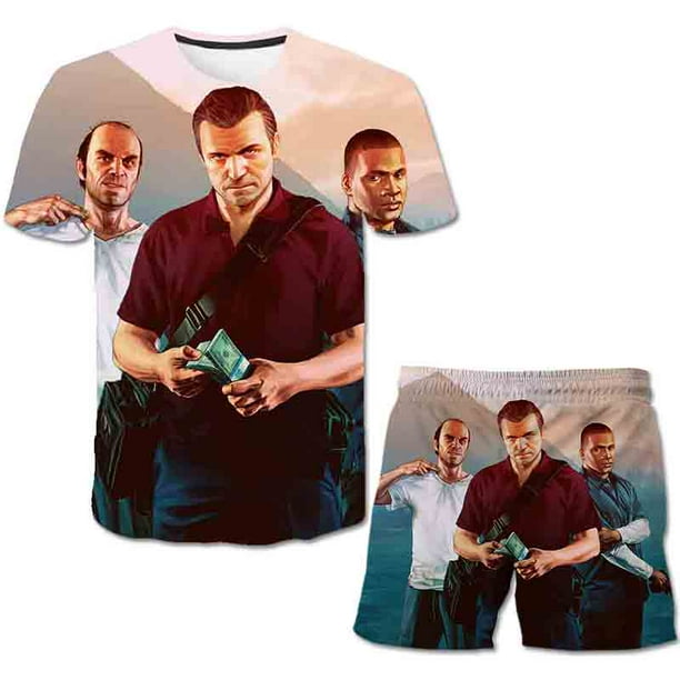 Traje de moda para niño, conjunto de ropa informal de verano, Top corto, 2 uds., conjunto de ropa para bebé, juego Grand Theft Auto, GTA 5, trajes para niños, ropa 10T Gao Jinjia LED