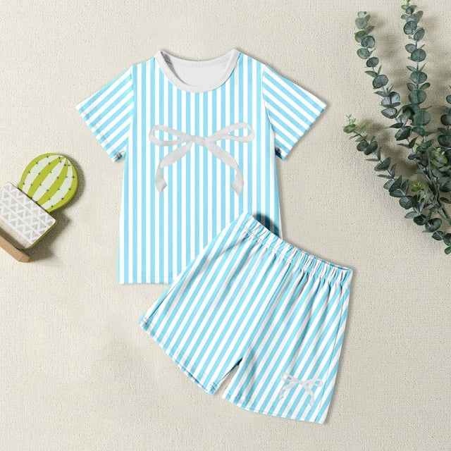 Ensemble de Pyjama d'Été pour Filles Style Coréen Confortable à Rayures Manches Courtes Deux Pièces pour Usage Quotidien et Extérieur