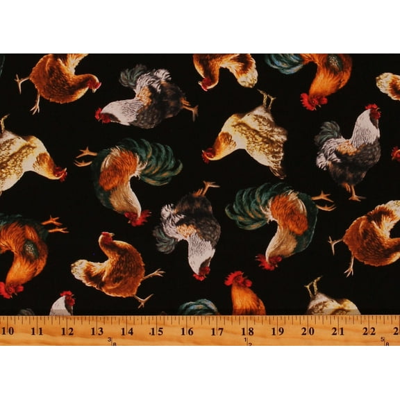 Cotton Chickens Poultry Birds Farm Animals Allover Black Cotton Fabric Print by the Yard (DONA-C8339-BLACK)