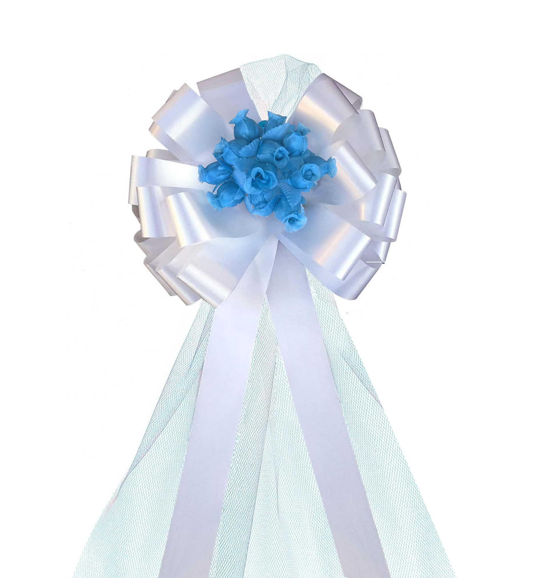 White Pull Bows with Turquoise Tulle Tails and Rosebuds - 8" Wide, Set of 6, Wedding Pew Bows, Reception, Aisle Decor, Anniversary