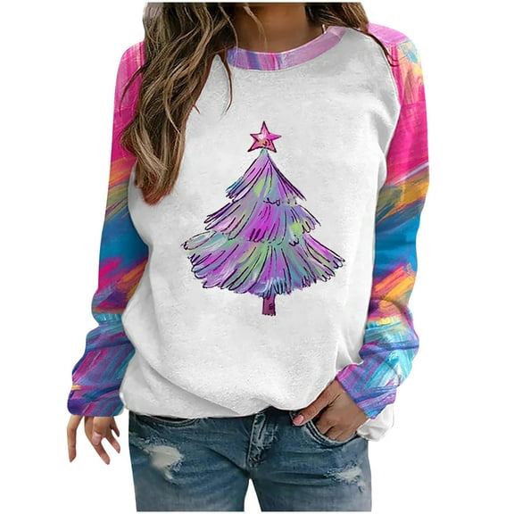 YANHAIGONG Pink Christmas Tree Sweatshirts for Women Long Sleeve Crewneck Sweatshirts Pullover Leopard Tie Dyed Raglan Sleeve Top Christmas Sweatshirts for Women Plus Sizes