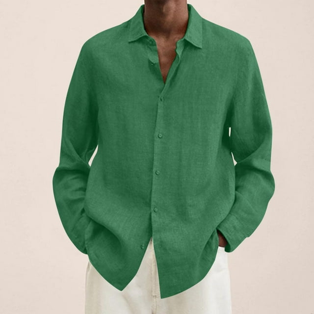 EGNMCR Chemises à Manches Longues pour Hommes Automne Mode Décontractée Couleur Unie Bouton Col Rabattu Hauts Blouse Confortable Coton Chemises de Travail de Bureau