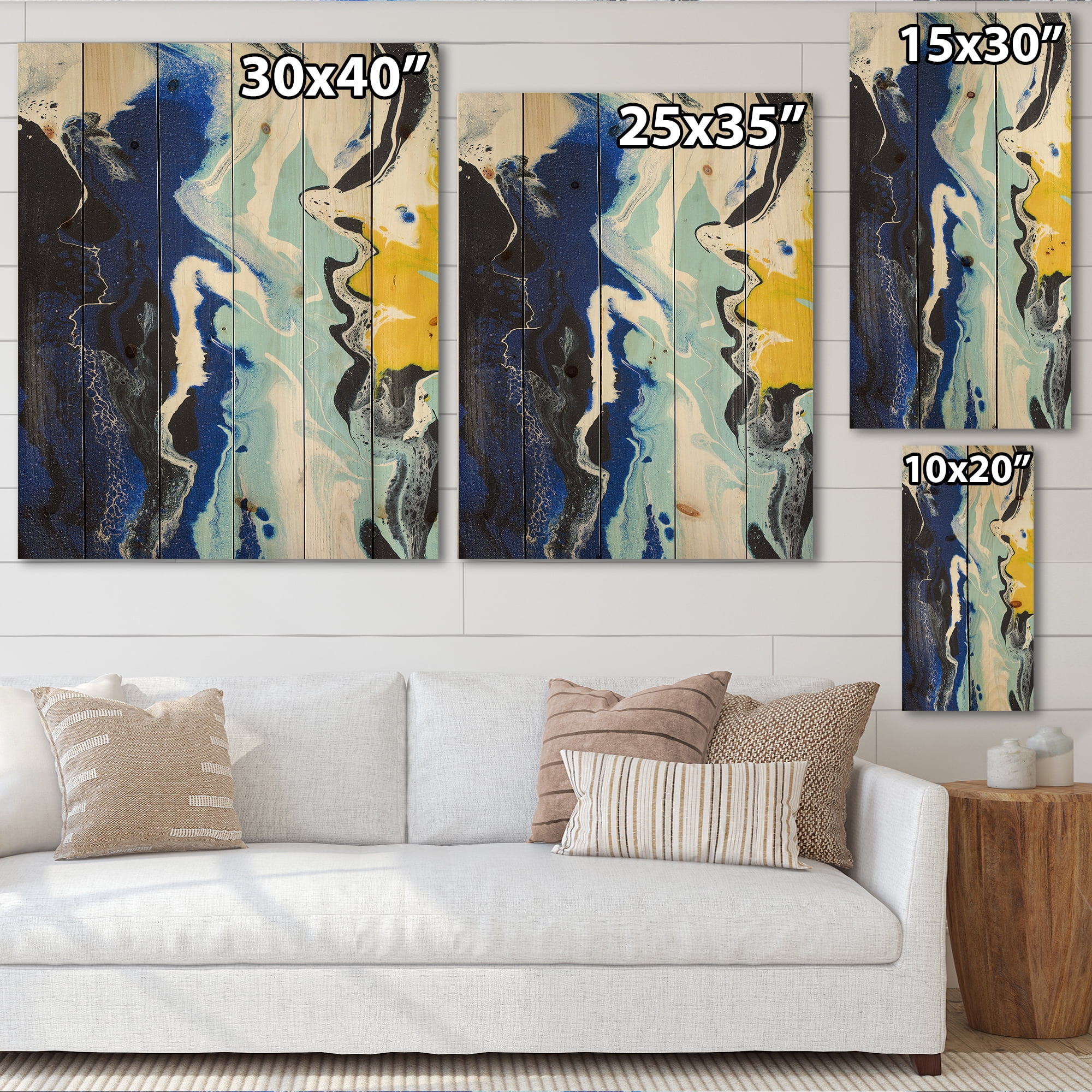 Designart 'Abstract Blue and Yellow Waves' Modern Print on Natural Pine Wood