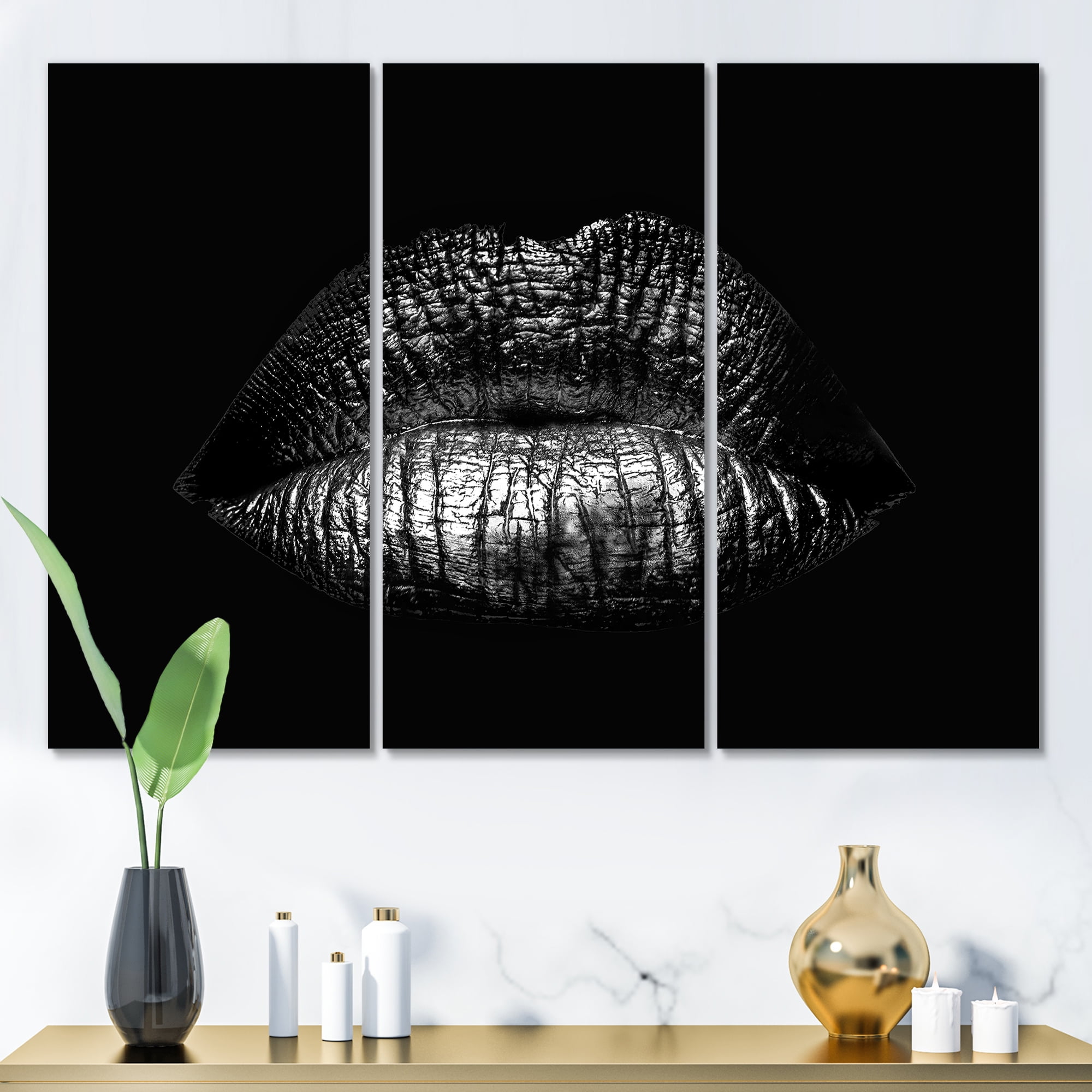 Sexy Golden Metallized Woman Lips I 28 in x 36 in Painting Canvas Art Print, by Designart