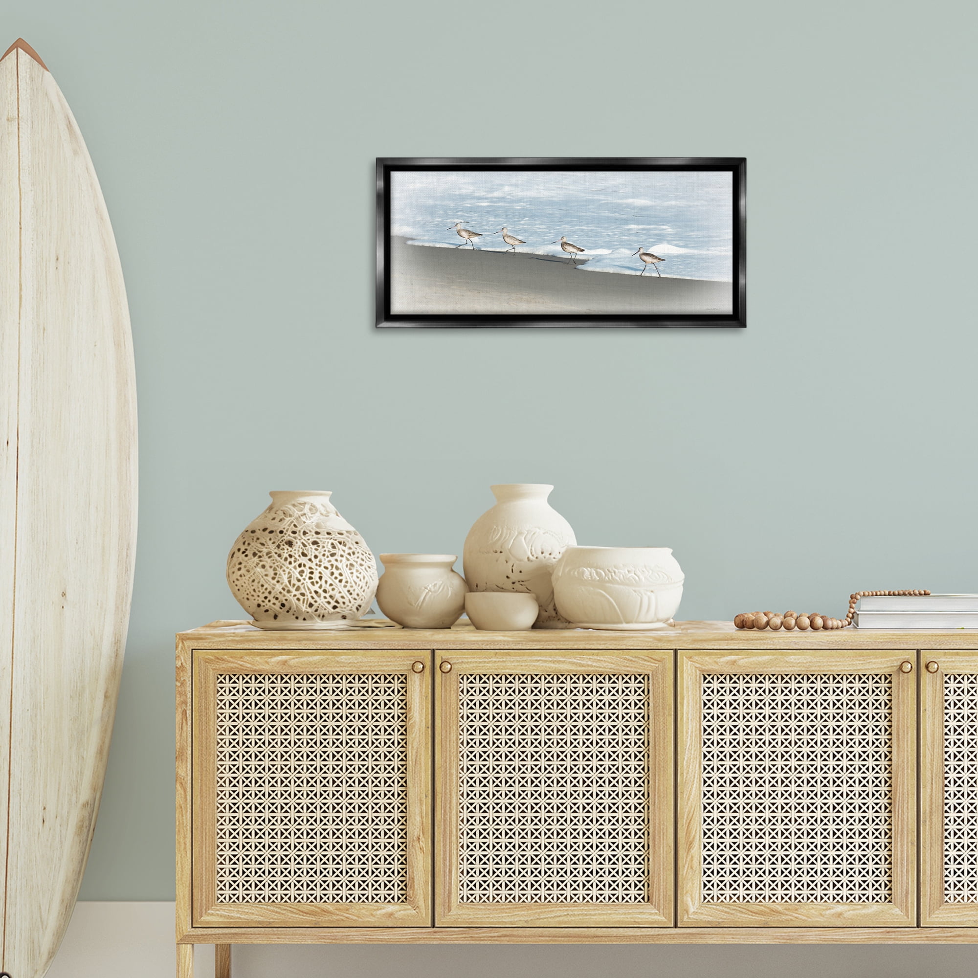 Stupell Industries Four Sandpipers on Beach Nautical & Beach Painting Black Floater Framed Canvas Art Print Wall Art, 31 x 14