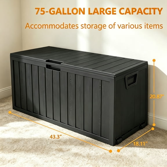 75 Gallon black Outdoor Waterproof Storage Box with Flip-Top Lid, Heavy-Duty Deck Box Suitable for /Outdoor Use - Plastic