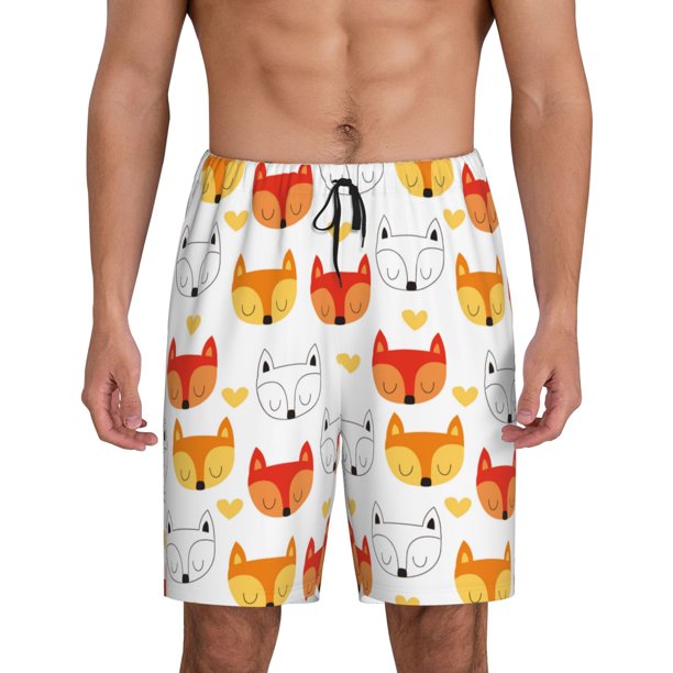 Balery Cute Fox with Heart Pantalones cortos de pijama de punto de algodón para hombre con cinturilla y bolsillos-X-Large