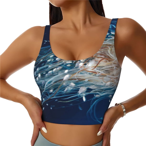 Fotbe White Jellyfish Dansing in the Ocean Sujetador Deportivo Largo sin Aros para Mujer con Almohadillas y Soporte Medio, Transpirable y Absorbente, Camiseta Tipo Chaleco o Tank Top-XX-Large
