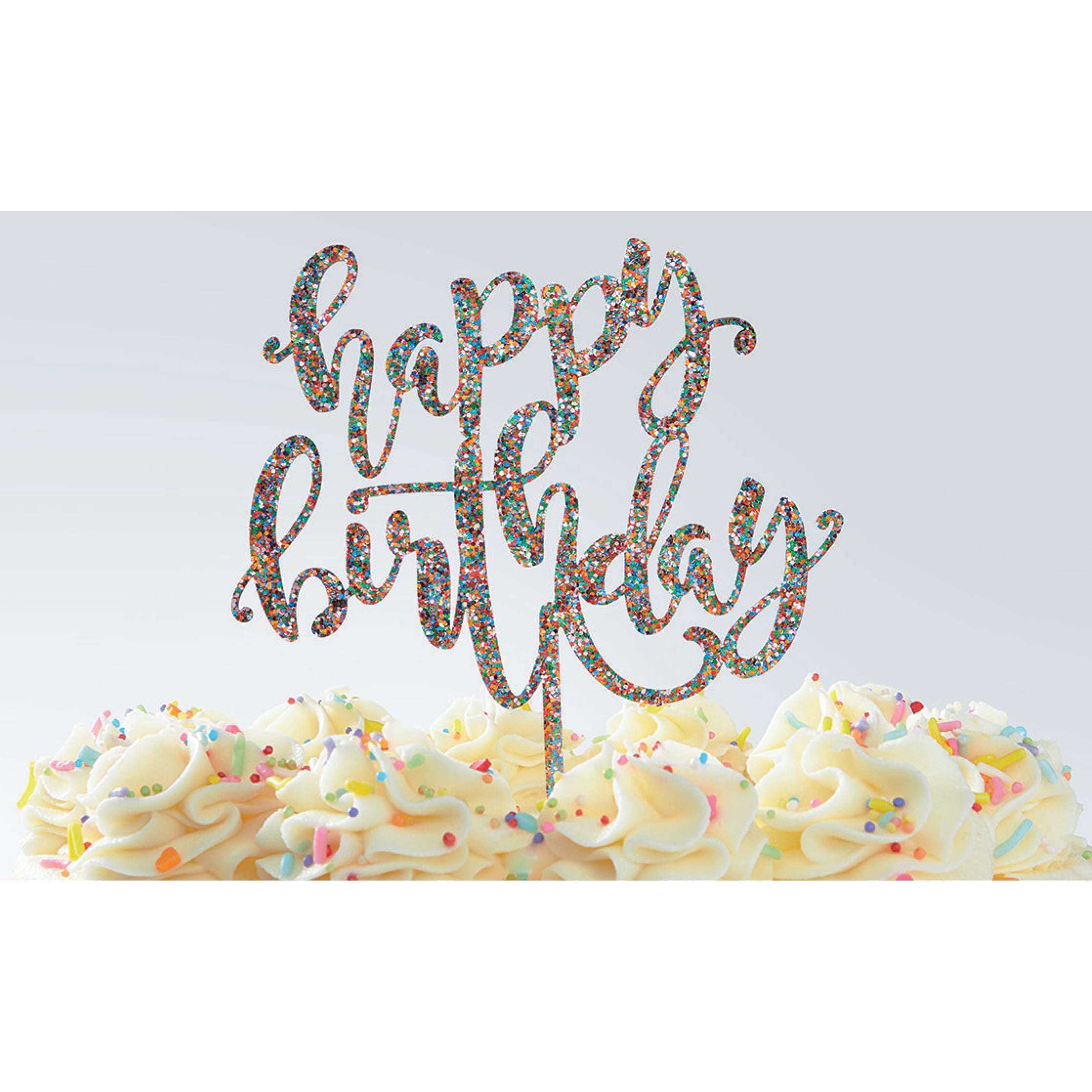 12 Pack: Multicolor Glitter Happy Birthday Cake Topper by Makery