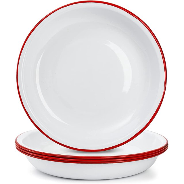 Lawei Ensemble de 4 Assiettes à Souper en Émail, Assiette de Camping Ronde de 10 Pouces en Émail avec Rebord Rouge, Bols Rétro pour Salade et Pâtes, Plat de Service Profond en Émail pour le Souper, Extérieur, Pique-Nique, BBQ, Beurre