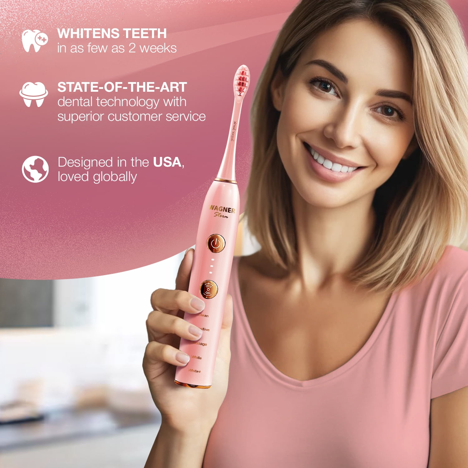 Wagner Stern WHITEN+ Edition. Smart Electric Toothbrush with Pressure Sensor. 5 Brushing Modes and 3 Intensity Levels, 8 Dupont Bristles, Premium Travel Case