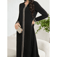 thumbnail image 6 of Women's Black Abaya Maxi Dress, Gold & White Braided Embroidery Trim, Modest Islamic Kaftan for Eid, 6 of 10