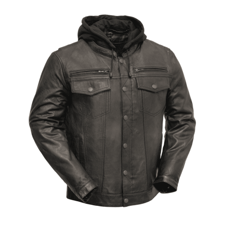 First Mfg Co - Vendetta - Men's Motorcycle Riding Leather Jacket, Bikers Leather Jacket with Removable Hood, CCW & Armor Pockets