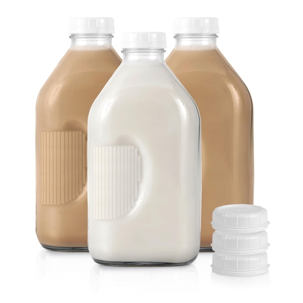 Botella de vidrio para leche para el hogar medio galón con tapa 1.9L paquete de 3