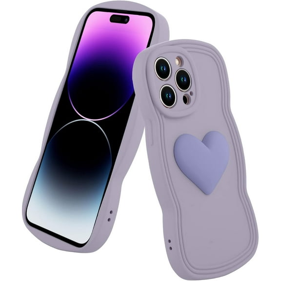 for iPhone 14 Pro Max Case Cute 3D Love Heart Curly Wave Shape Phone Cover Soft TPU Shockproof Full Camera Lens Protective Case for iPhone 14 Pro Max 6.7 Inch for Women Girl-Purple