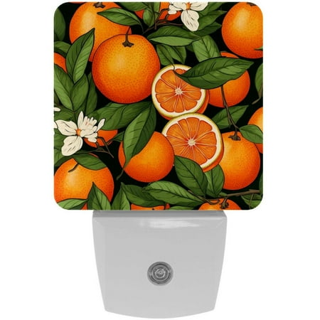 

Fruit Oranges with Flowers Pattern 2 Pack Night Lights Plug Into Wall Decorative With Auto Dusk-To-Dawn Sensor LED Night Light For Kids Adults Rooms Toilet Hallway Stairs