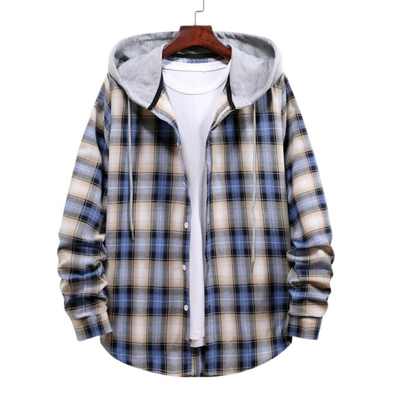 Patlollav Men Casual Turndown Long Sleeve Button Closure Plaid Print Hooded Shirt
