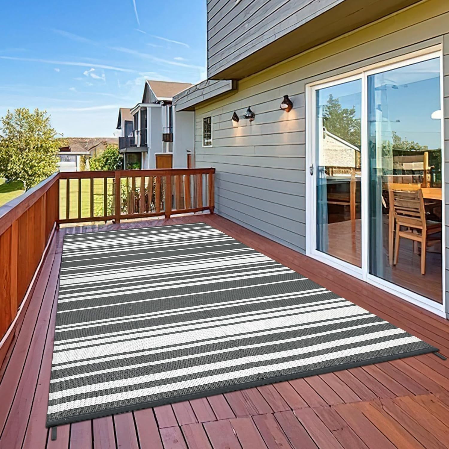 Outdoor Rug for Patio,Waterproof Mat,Reversible Plastic Striped Camping Rugs for RV,Porch,Deck,Camper,Balcony,Backyard,Beach