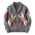 thumbnail image 2 of Men's Thickened Argyle Knit Sweater Long Sleeve Lapel Button Down Cardigan Outerwear Gray 2XL, 2 of 9