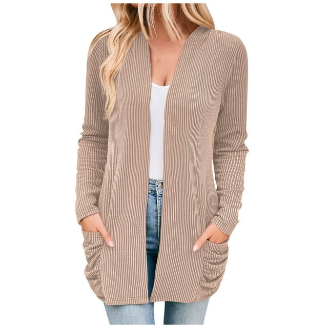 Yuyuzo Cardigans Cardigan pour Femmes 2025 Automne Chandail en Tricot à devant Ouvert Manches Longues Rayés avec Poches