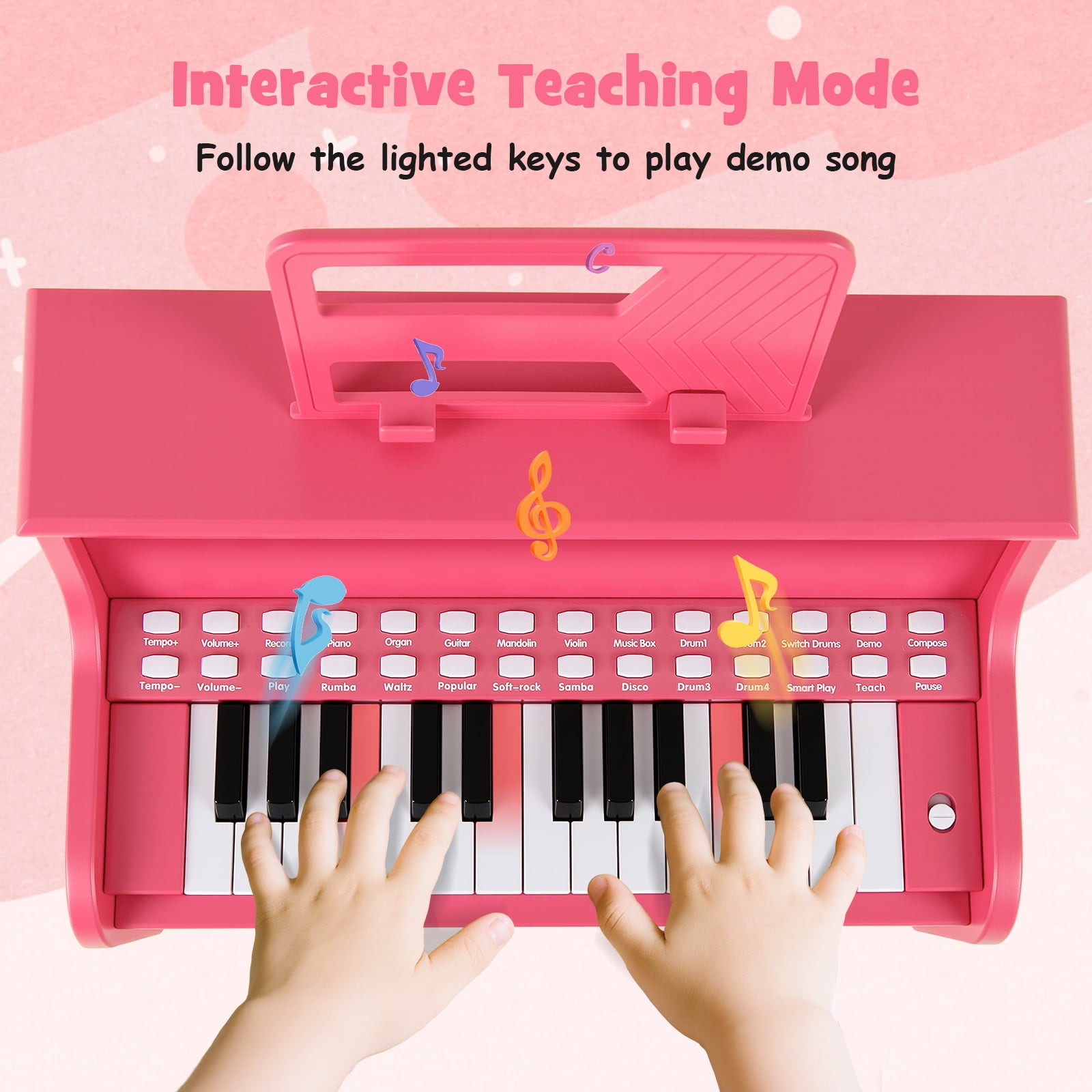 Patiojoy 25 Lighted Keys Kids Piano Keyboard with Stool Mini Digital Piano Wooden Toy Pink