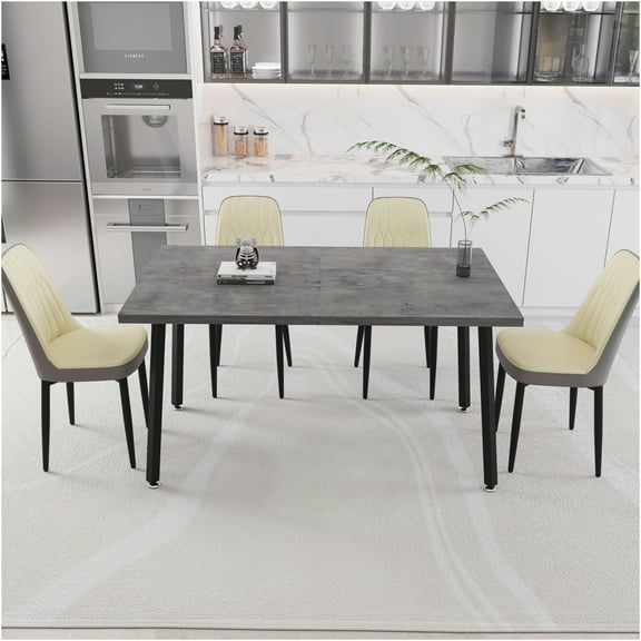 JERFIT Expandable Dining Table Set for 4-6 Persons with PU Padded Chairs, Beige Grey Kitchen Table with Black Metal Legs