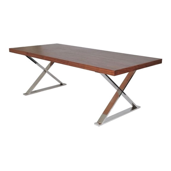 Pemberly Row Modern Wood Veneer & Polished Steel Dining Table in Walnut