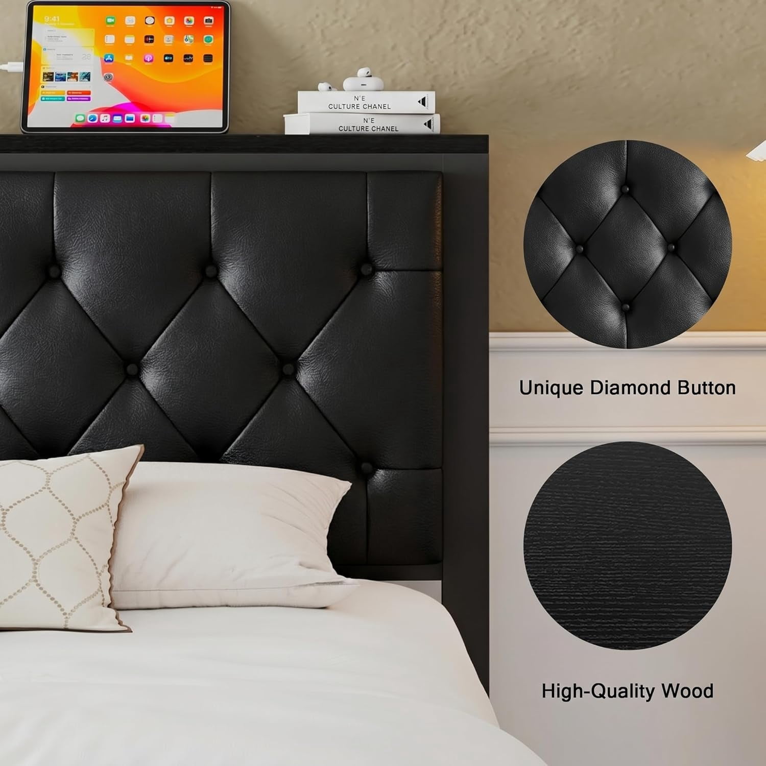 iPormis Full Bed Frame with Storage Drawer, Metal Platform Bed with Charging Station, Upholstered Faux Leather Button Tufted Storage Headboard, No Box Spring Needed, Noise-Free, Easy Assembly, Black