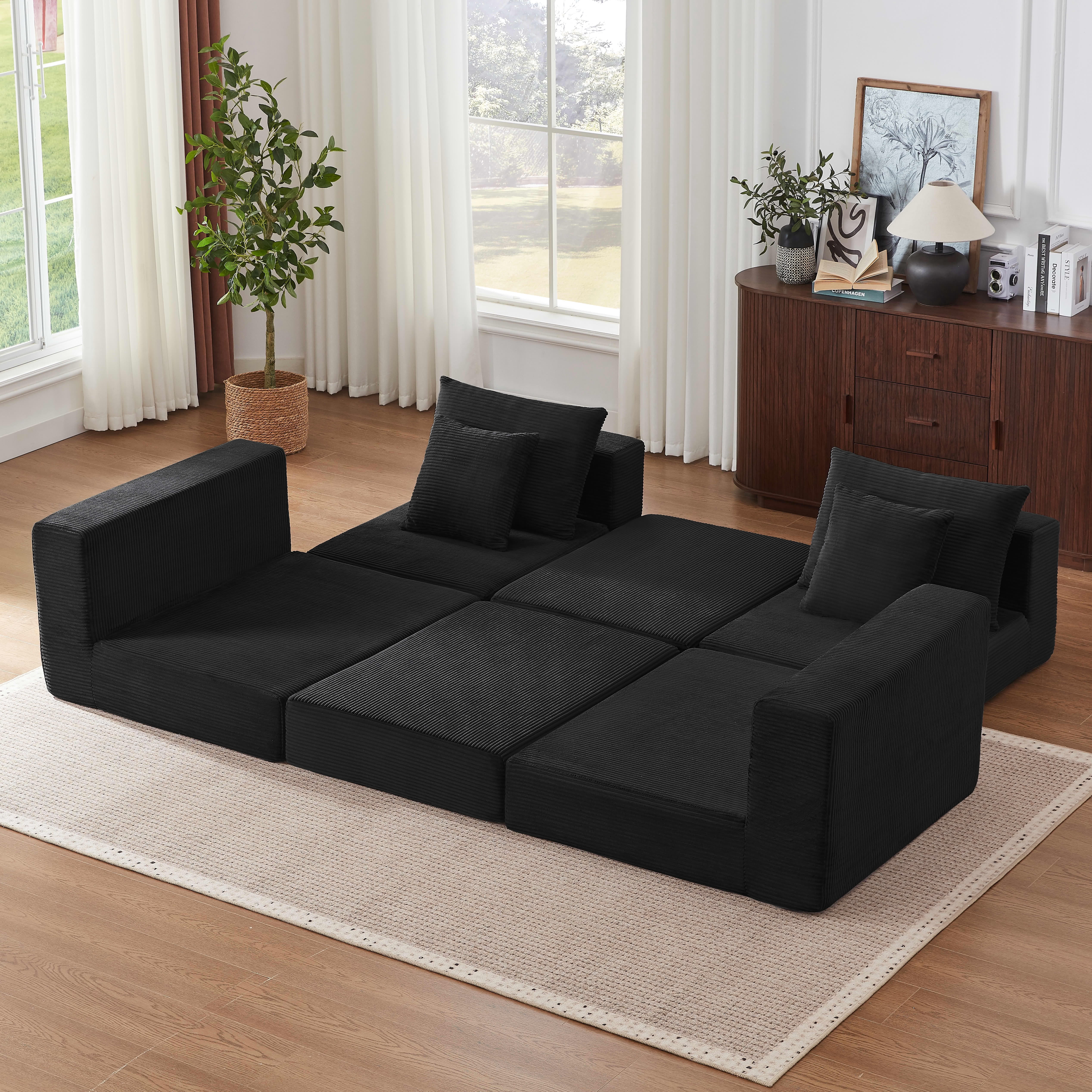 MAYEERTY Minimalist Corduroy Modular Sectional Cloud Sofa - Boneless Sleeper Couch for Customizable Living Spaces, Black