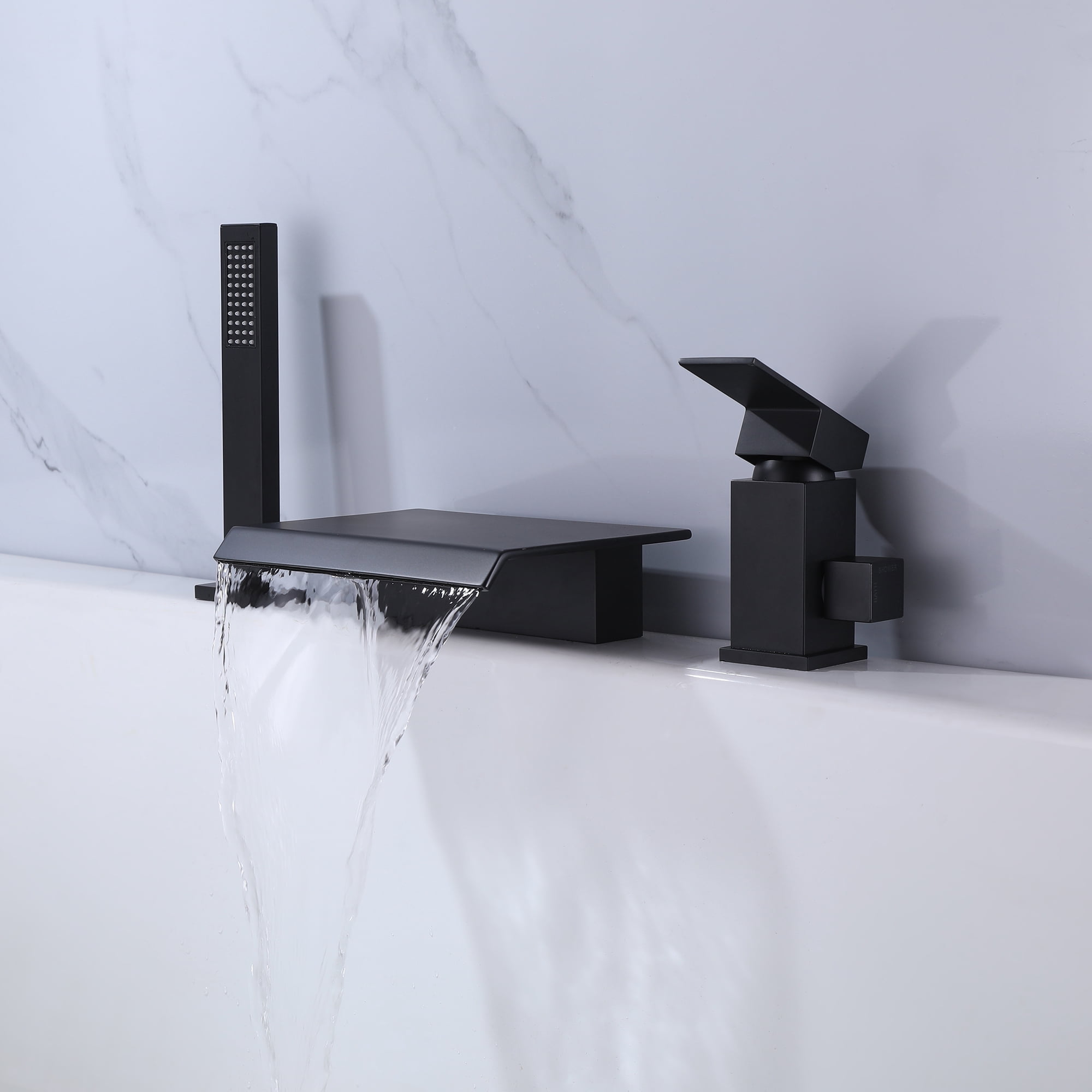 Waterfall Deck Mounted Three Holes Roman Tub Filler with cUPC Ceramic Cartridge, Two Handles Bathtub Faucet with Hand Shower