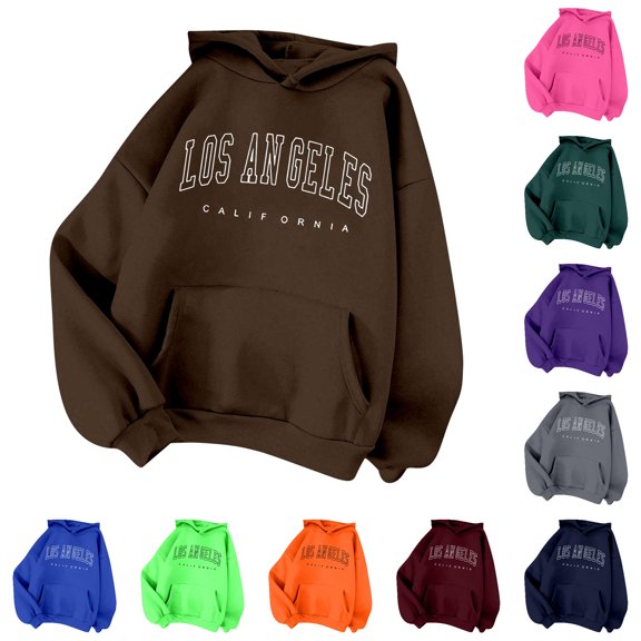 CUSTG Sweatshirts Women Los Angeles California Vintage Letter Print Pullover Hoodie Casual Drawstring Sweatshirt with Pocket Long Sleeve Oversized Soft Tops Daily Wear