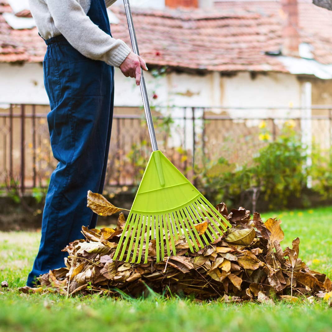 Colwelt Plastic Rakes for Leaves, 72 in, Leaf Rake with Lightweight Stainless Steel Handle to Sweep Leaves in Lawn, Durable Plastic Green Head 22 Tines & 15 Tines