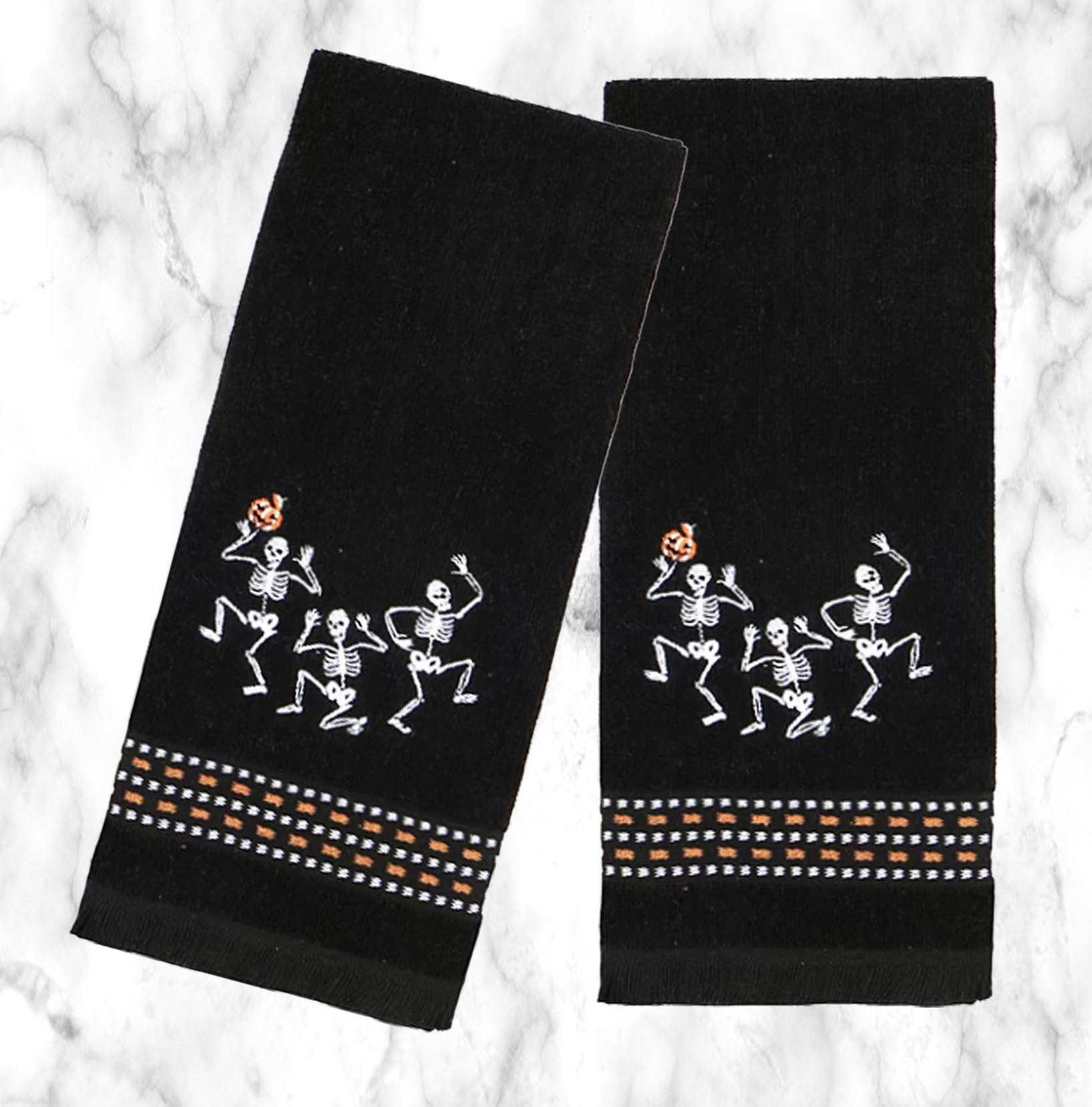 Celebrate Halloween Towels, Black Bath Hand Towel 2 Pack Set Embroidered Skeleton Trio Bathroom