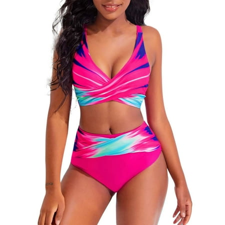 QYZEU Swimsuit for Women 2024 Plus Size Women s Two Piece Gradient Print Bikini Set High Waist Swimwear V Neck Tankini Bikinis Tops for Women Cute Underwear Hot Pink L