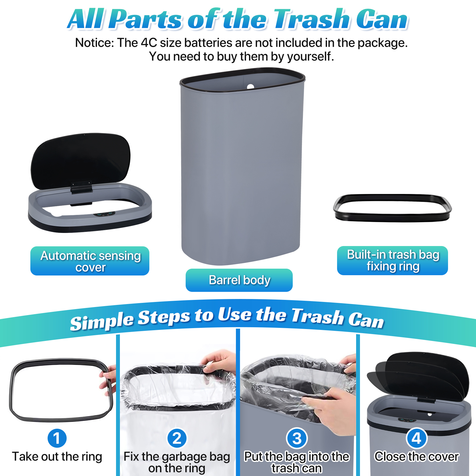 13 Gallon Plastic Garbage Can Kitchen Trash Can Automatic Touch Free Trash can with Lid 50 Liter Waste Bin Mute Anti-Fingerprint for Bedroom Home Office Living Room, Gray