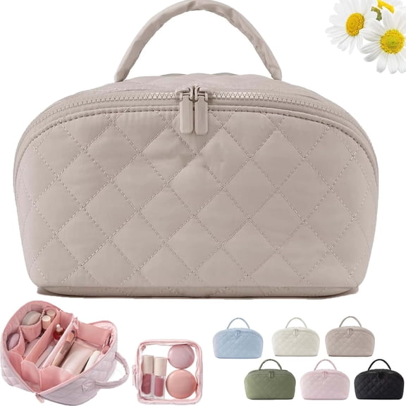 Gfplyw Quilted Makeup Bag for Women Travel, Large Capacity Puffy Padded Cosmetic Case, 180° Open Lay-Flat Water-Resistant Toiletry Bag with Compartments & Handle