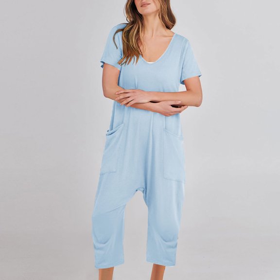 KIHOUT Women's V-Neck Short Sleeve Harem Jumpsuit with Pockets Relaxed Fit Cropped Casual Romper for All-Season Loungewear