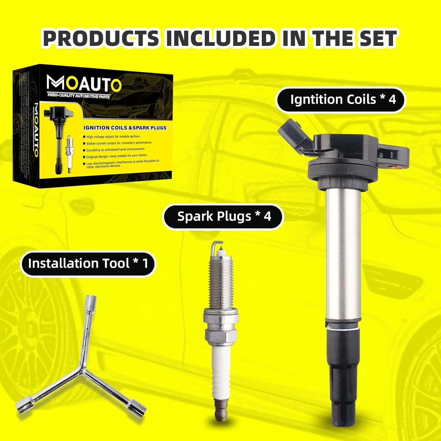 MOAUTO Set of 4 Ignition Coils Pack UF619 90919-02252 & 4 PCS Iridium Spark Plugs Compatible with Toyota, Scion, Lexus, Corolla, Matrix Prius V Plug-In Vibe xD CT200h