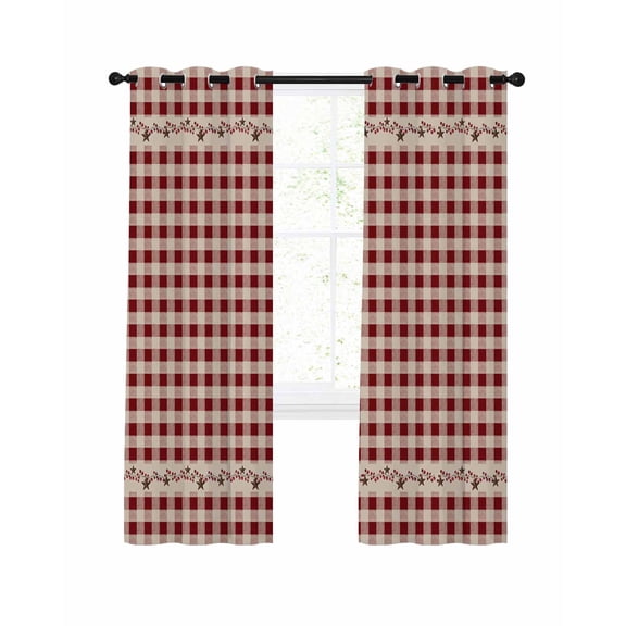 Country Star Plaid Blackout Curtains, Light Blocking Print Window Curtains, Retro Red American Farm Barn Berry Thermal Insulated Window Drapes for Living Room Kitchen Cafe 2 Panels, 84"W x 84"L