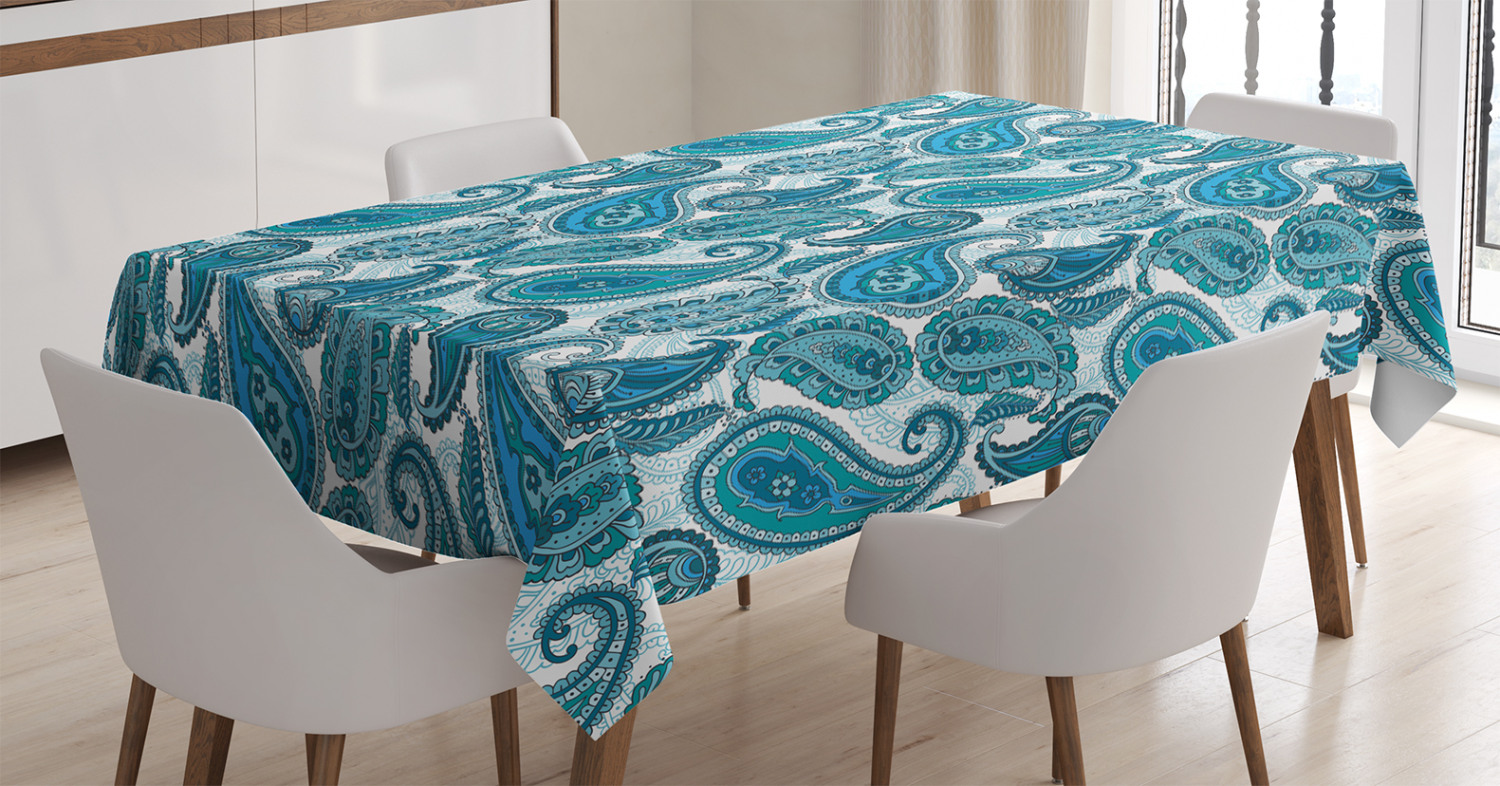 Paisley Decor Tablecloth, Ocean Inspired Design with Stripes and Flowers Abstract Background