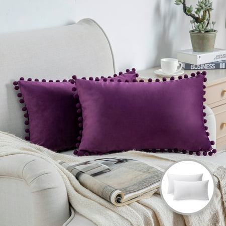 Phantoscope Pom Pom Velvet Series Decorative Throw Pillow, 12" x 20", Dark Purple, 2 Pack