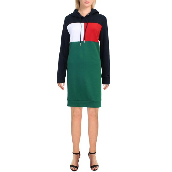 Calvin Klein Womens Colorblock Hooded Sweatshirt Dress