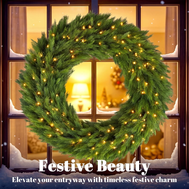Alvantor Christmas Wreath Pre-Lit Norwegian Spruce with 150 LED Lights for Door 48"x48"x7" Green