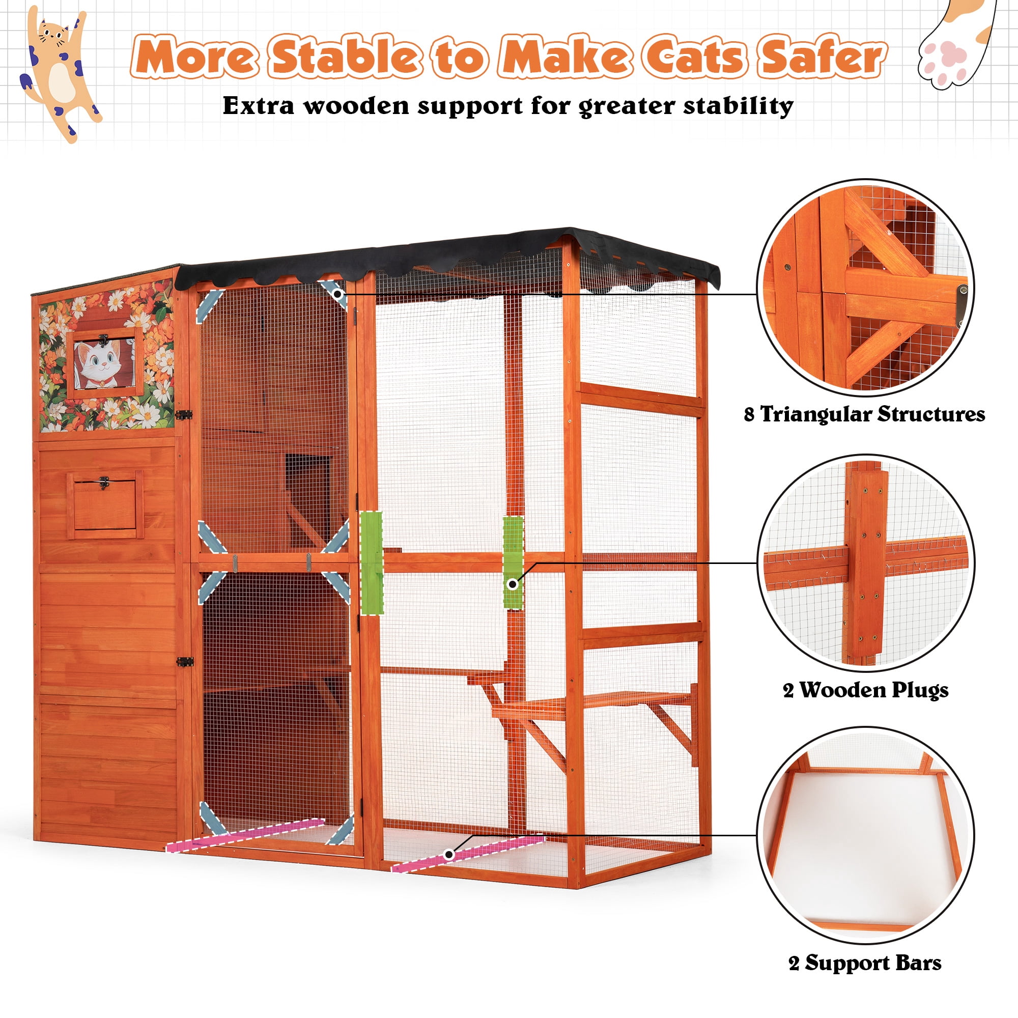 COZIWOW Wood  Cat House Catio Outdoor Enclosure, 2 Resting Condos, 2 Platforms, 4-Tier Cat Play Cage, Orange