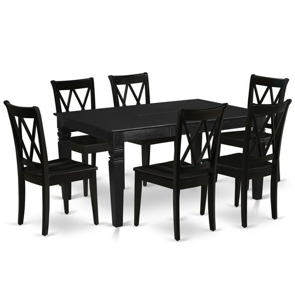 WECL7-BLK-W 7Pc Rectangular 42/60 Inch Kitchen Table With 18 In Leaf And 6 Wood Seat Dining Chairs