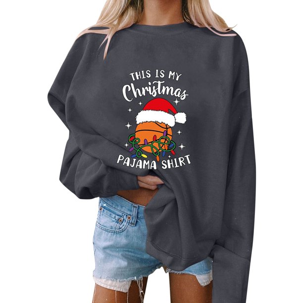 Gibobby Sudadera de Manga Larga Mujer Otoño e Invierno Casual moda Navidad baloncesto estampado Top manga larga cuello Rojoondo pulóver sudadera (Gris, M)