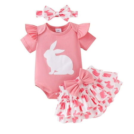 Outfits For Girls Clothes Easter Bunny Pnk Short Sleeve Bodysuit Bow Skirt Headband 3 Piece Sets For Photography Birthday Party