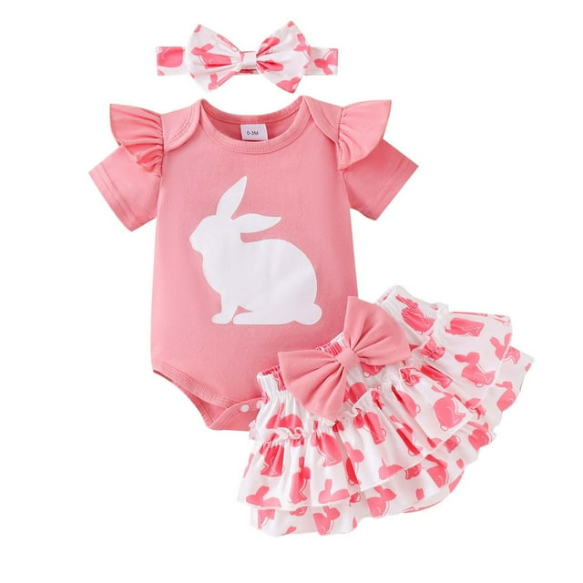 TOOYOU Ensemble d'Été pour Filles Lapin Pnk Manches Courtes Justaucorps Jupe avec Bandeau Ensemble 3 Pcs Rentrée des Classes pour Filles Taille 12-18 Mois Rouge